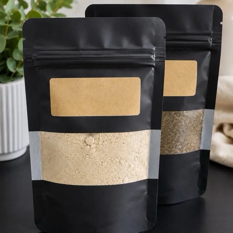 Black Reusable Stand-Up Pouches with Window Set (ou "Resealable Herbal Storage Bags