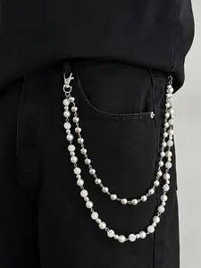 Men's Fashionable Multi-Layer Rhinestone Chain Waist Belt, Waist Chain Accessory, Acrylic Faux Pearl Beaded Tassel Pants Chain, Casual Body Chain, Chic Body Jewelry for All Seasons