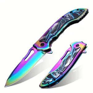 Iridescent Finish EDC Folding Pocket Knife, Art Dragon Skull Pattern Pocket Utility Knife for Hiking & Everyday Carry