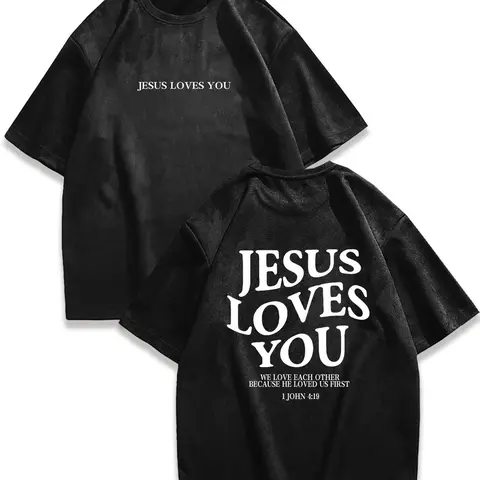 Men's Jesus Loves You Slogan Print Short Sleeve Tee, Regular Fit Casual Comfy Round Neck  T-shirt for Summer, Fashion Men's Top for Daily Wear