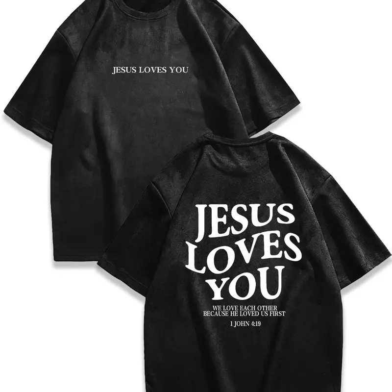 Men's Jesus Loves You Slogan Print Short Sleeve Tee, Regular Fit Casual Comfy Round Neck  T-shirt for Summer, Fashion Men's Top for Daily Wear