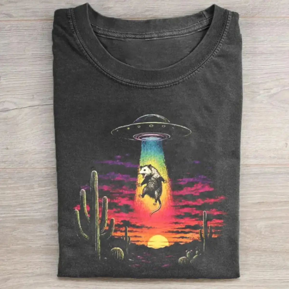 Comfort Colors Funny Possum UFO Shirt, Vintage Alien Abduction Opossum Graphic Tee, Retro Desert Sunset T-Shirt, Weirdcore Animal Meme Shirt, Sci-Fi Humor Gift