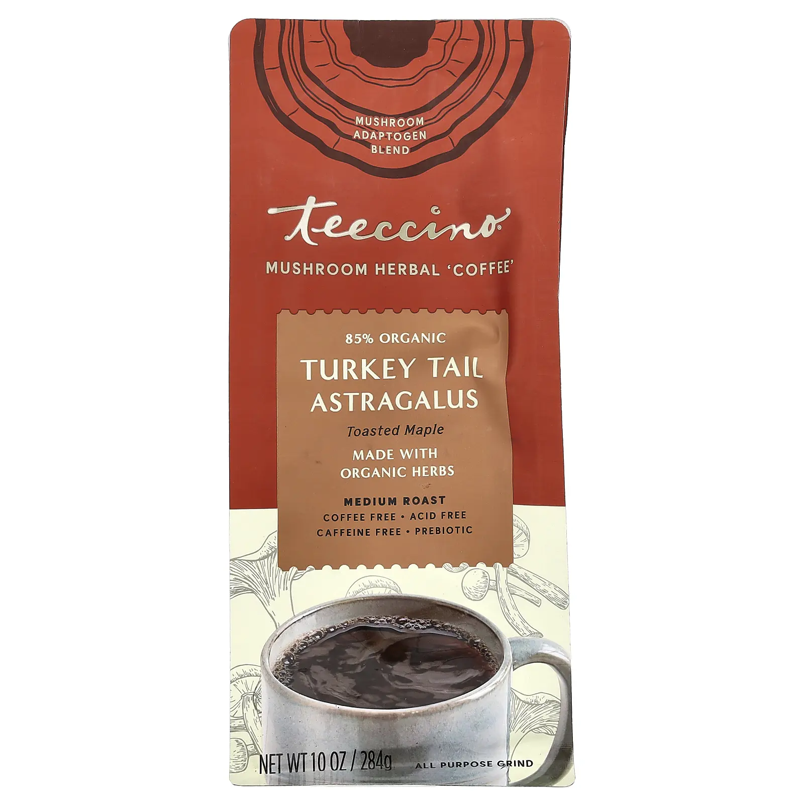 Teeccino Mushroom Herbal Coffee, Turkey Tail Astragalus, Toasted Maple, Medium Roast, Caffeine Free, 10 oz (284 g)