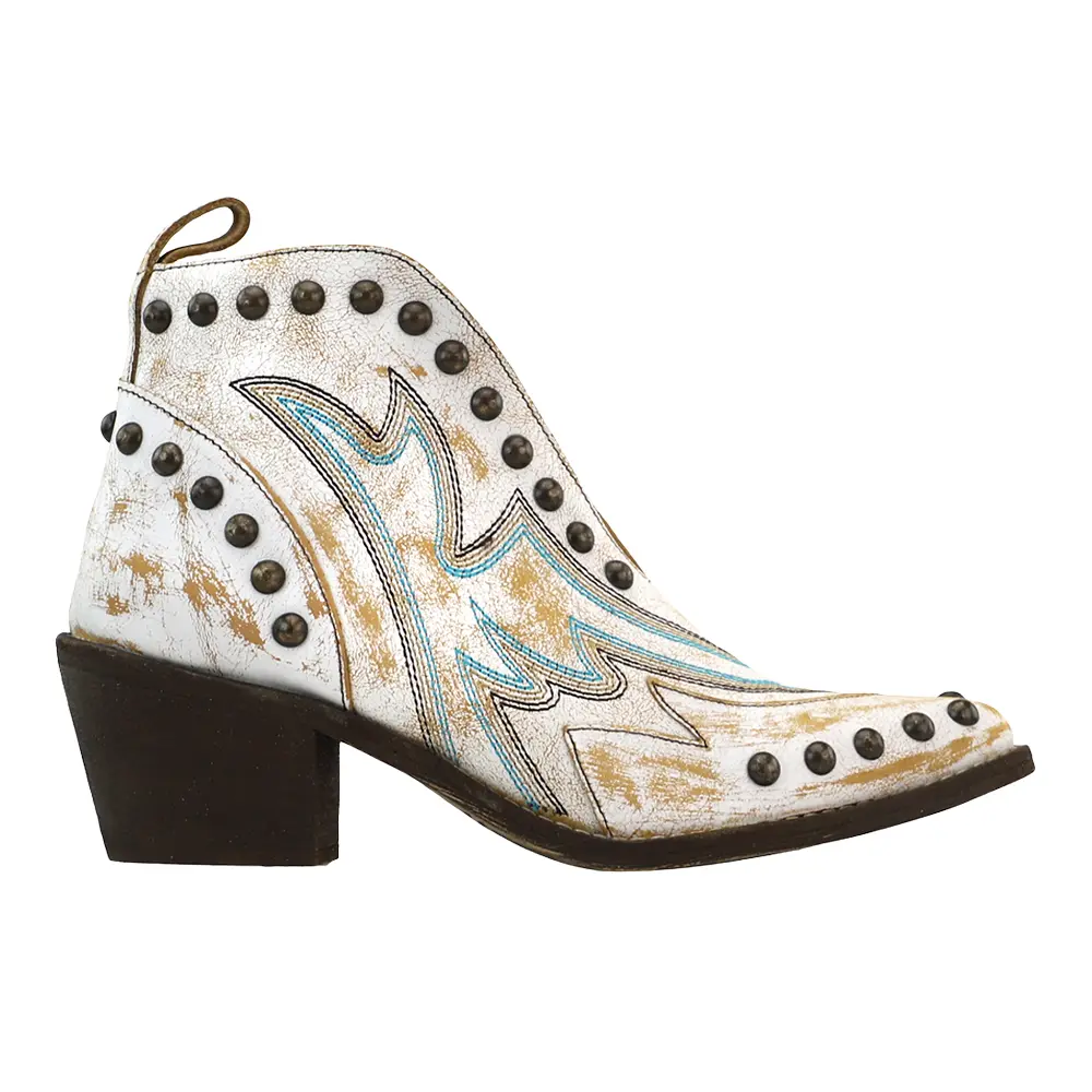 Corral Boots Womens Studded Embroidered Pull On Pointed Toe  Casual Boots Ankle Mid Heel 2-3" - White