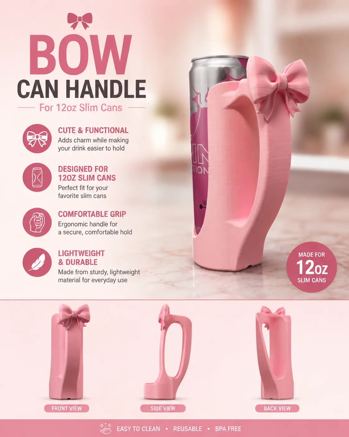 Pink Bow Can Holder 12oz Slim Cans '