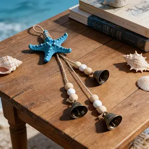 Coastal Resin Starfish Wind Chime with Bell Nautical Beach Hanging Decor Ocean Themed Wall Art for Home Patio and Porch Summer Mediterranean Boho Decor, Blue Starfish Wooden Beads Rustic Metal Bell