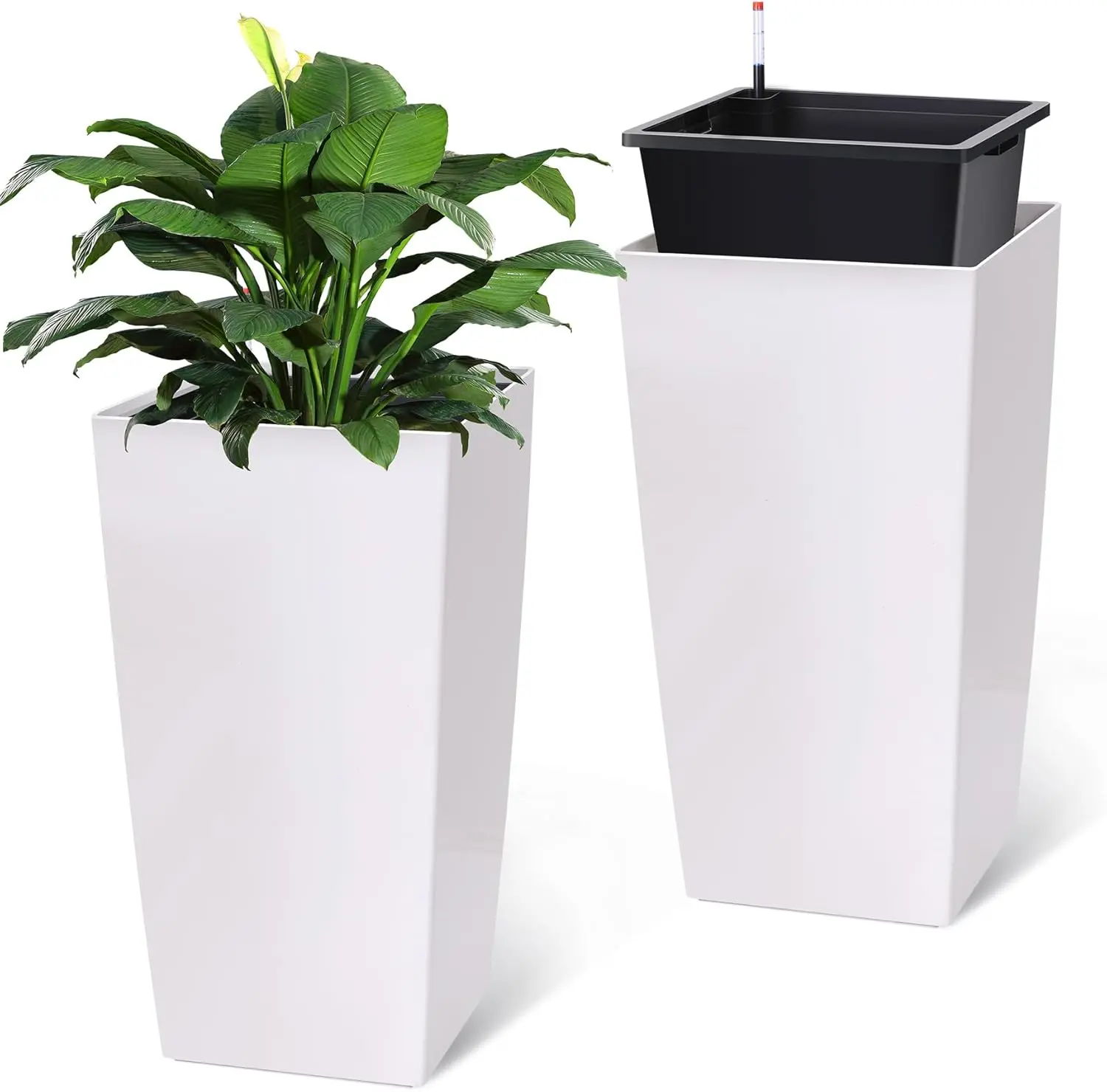 2 30-Inch Heavy-Duty Tall White All-Seasons Indoor-Outdoor Garden Planters - Bucket Shape Flower Pots with Inner Bucket, Built-In Drainage Holes, Water Level Monitor, Automatic Watering for Restaurants, Large Flower Pots