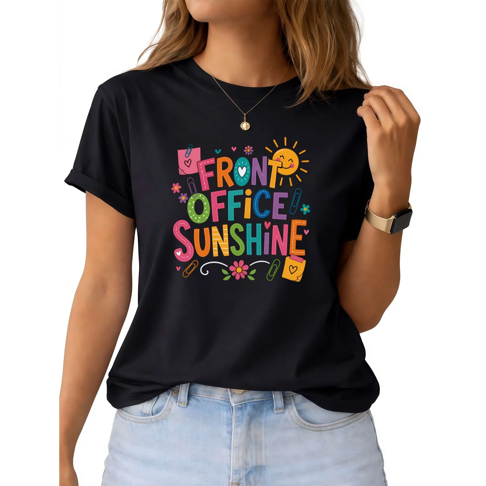 Men's & Women's Front Office Sunshine Staff T-Shirt Short Sleeve Crew Neck Casual Top Suitable for Teachers Secretaries Staff Gifts Back to School Apparel Office Uniform 100%Cotton Womenswear Fit