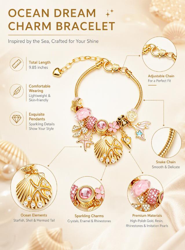 Ocean Mermaid Shell Charm Bracelet, Gold-Tone Adjustable Snake Chain Bracelet with Starfish Conch Pearl Dangle Charms, Pink Beach Themed Jewelry Gift for Women Girls Ocean Mermaid Shell Charm Bracelet, Gold-Tone Adjustable Snake Chain Bracelet with Starfish Conch Pearl Dangle Charms, Pink Beach Themed Jewelry Gift for Women Girls