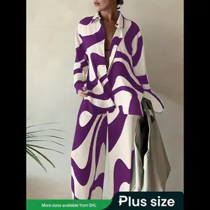 New[Plus Size] Two-Piece Set Abstract Print Open Front Longline Coat & Straight Leg Pants, Minimalist Casual Long Sleeve Outerwear & Trousers for Daily Wear, Women's Two-piece Outfits for Spring & Fall, Lady Clothes, Womenswear