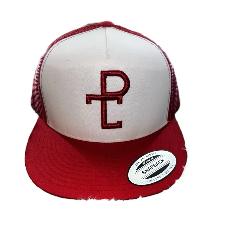 Ponchito Tallcrown Hat with Red Brim, White Front Panel, and "P" Logo, Adjustable Snapback Closure