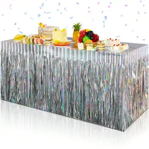 1 Pack Metallic Foil Tassel Wire Table Skirt, Party Table Skirt Banner for Rectangular Table, Wedding, Birthday, Parade Float, Party Decoration, 29x108 Inch