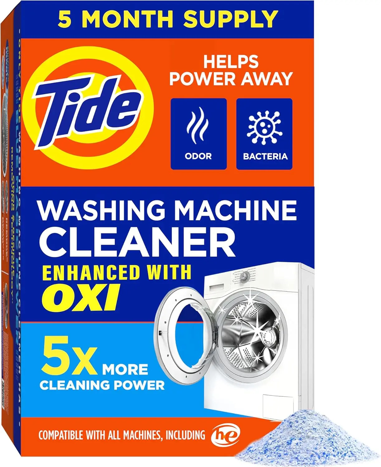 Tide Oxi and TAED Washing Machine Cleaner Powder - Household Deep Cleaner for Front-Loader & Top-Loader Machines, Odor Control Residue Eliminator, 5-Month Supply