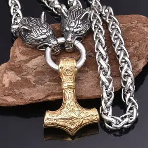 European and American Viking Wolf Head Thor Hammer Pendant Necklace Men's Retro Domineering Jewelry