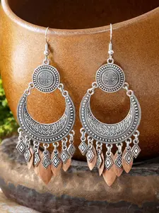 Unique Bohemian Vintage silver Chandelier Teardrop Flower Geometry Ethnic Pattern Dangle Drop Fringe Feature Earrings For Women