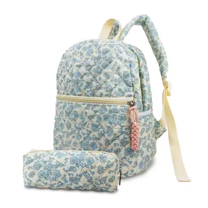 2Pcs/ Set Women's Small Floral Quilted Cotton Backpack Purse, Multi-Pocket Shoulder Handbags for Everyday Use, Travel