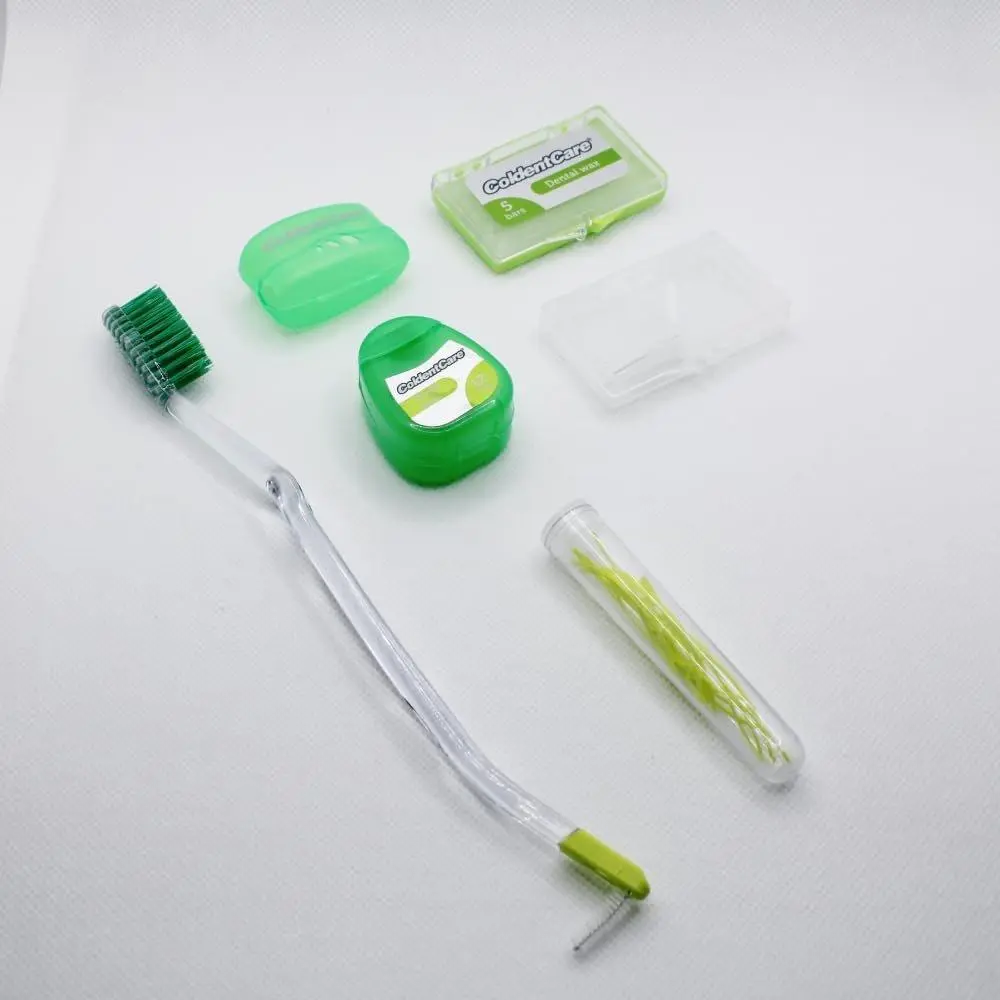 Oral care ColdentCare Orthodontic Kit Clear - Oral Care Set with Toothbrush, Protector Cap, Floss 12m, 5 Bars of Wax, 13 Floss Threaders, 3 Interdental Brushes with Case Green - Bristle USA Made - Storage