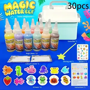 A 30-piece DIY Magic Water Sprite toy set, containing 12 types of magic glue and 12 molds, made of ABS material. This educational and entertaining handmade mold is suitable for parent-child interactive games, family entertainment and holiday gifts.
