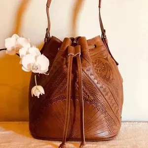 Leather Crossbody Purse, Bucket Bag, Drawstring bag, Genuine Leather Shoulder Bag, Handmade, Hand-tooled, Two Straps, C&C