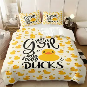 2/3Pcs Kawaii Yellow Duck Duvet Cover Set, "Just a Girl Who Loves Ducks" Comforter Cover, Cute Heart Pattern Bedding Set with Pillowcases (No Filling), Ultra-Soft Microfiber for Girls Bedroom & Dorm, Cozy Animal Decor