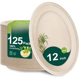 Compostable Plates Heavy Duty 12 Inch - 125 Pack Paper Plates  Large Paper Plates Microwave-Safe, Soak-Proof, Cut Resistant, Disposable Plates for Dinner BBQ Picnic Party,