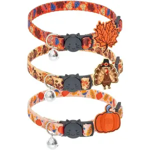 Thanksgiving Cat Collar Breakaway with Bells - 3 Pack Kitten Collar Outfit Adjustable for Girl Boy Small Pet Puppy Bunny Costume with Safety Buckle