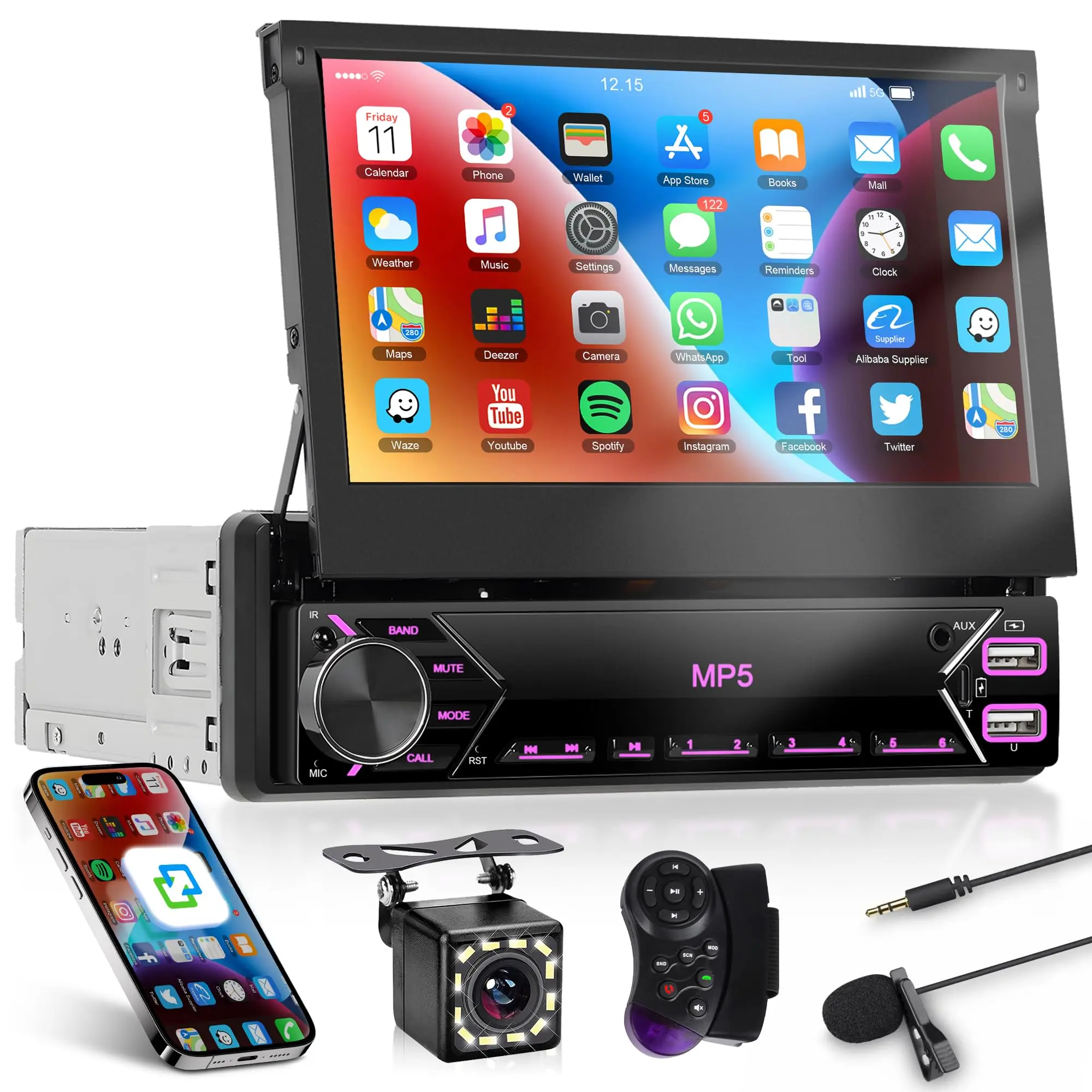 7-Inch Flip Out Touchscreen Single-Din Stereo System - Touchscreen Car Radio, Bluetooth Multimedia Audio with FM Radio, Type-C, AUX, Mirror Link, MP5 Player + Backup Camera (Father's Day Gift), Multimedia Car Audio, Upgrade Car Stereo