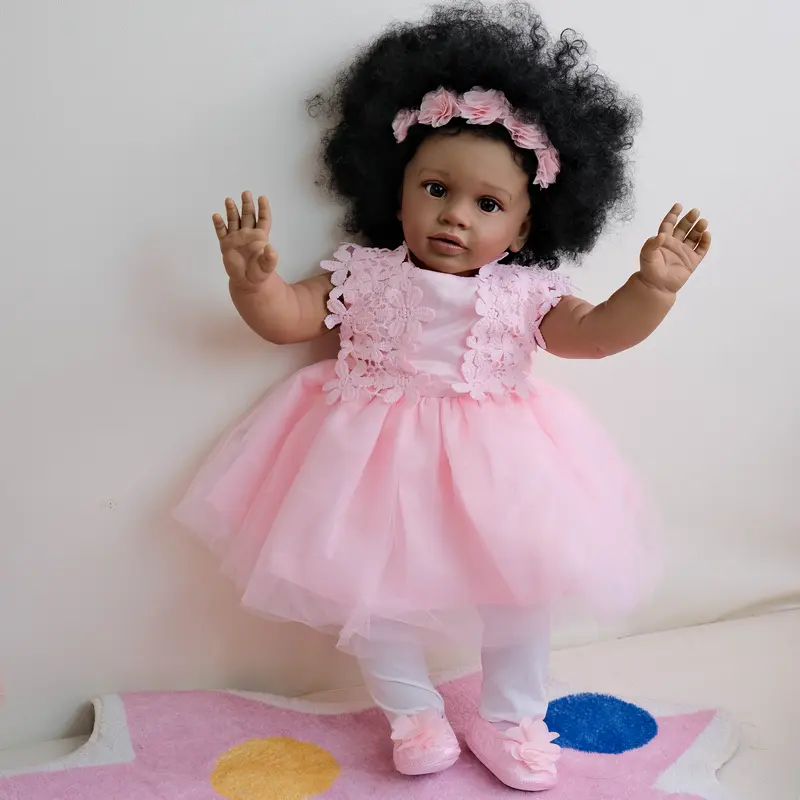 Reborn Baby Soft Doll Pippa - 26in (66cm) 1.8kg (3.9lbs) Unisex Dark Skin Lifelike Gorgeous Doll, Curly Hand-Rooted Hair Vinyl Toddler Toy, Best Gift for Kids 3+, 26 Inches