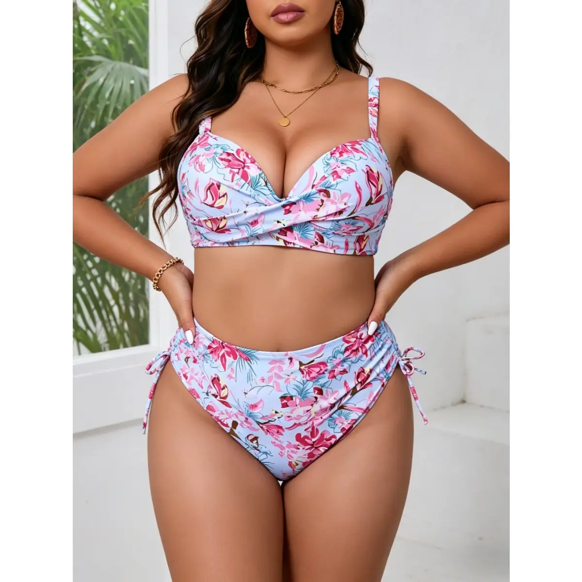 2026 Women's Plus Size Floral Print Bikini Swimsuit, Strapless Backless Drawstring Top with High Waist Tummy Control Bottom, Sexy Two-Piece Swimwear for Beach & Water Sports,Summer Vibes