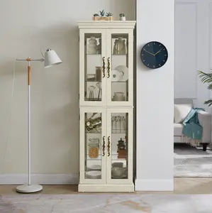 YYDS Lighted Glass Curio Display Cabinet,Display Cabinet,Glass Storage Cabinet Glass Wine cabinet Wood Frame Toy Display for Living Room, Kitchen, Pantry light bulb included Antique white