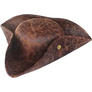 Brown Faux Leather Pirate Hat,Tricorn Pirate Hat,Novelty Leather Pirate Hat for Men Women Halloween Costume Accessories,