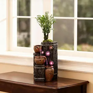 Tabletop Water Fountain, Woodgrain Succulent Growing Fountain with 5 LED Color Changing Lights, Meditation Desk Water Decorative  Decor, Office Decor or House Warming Gifts