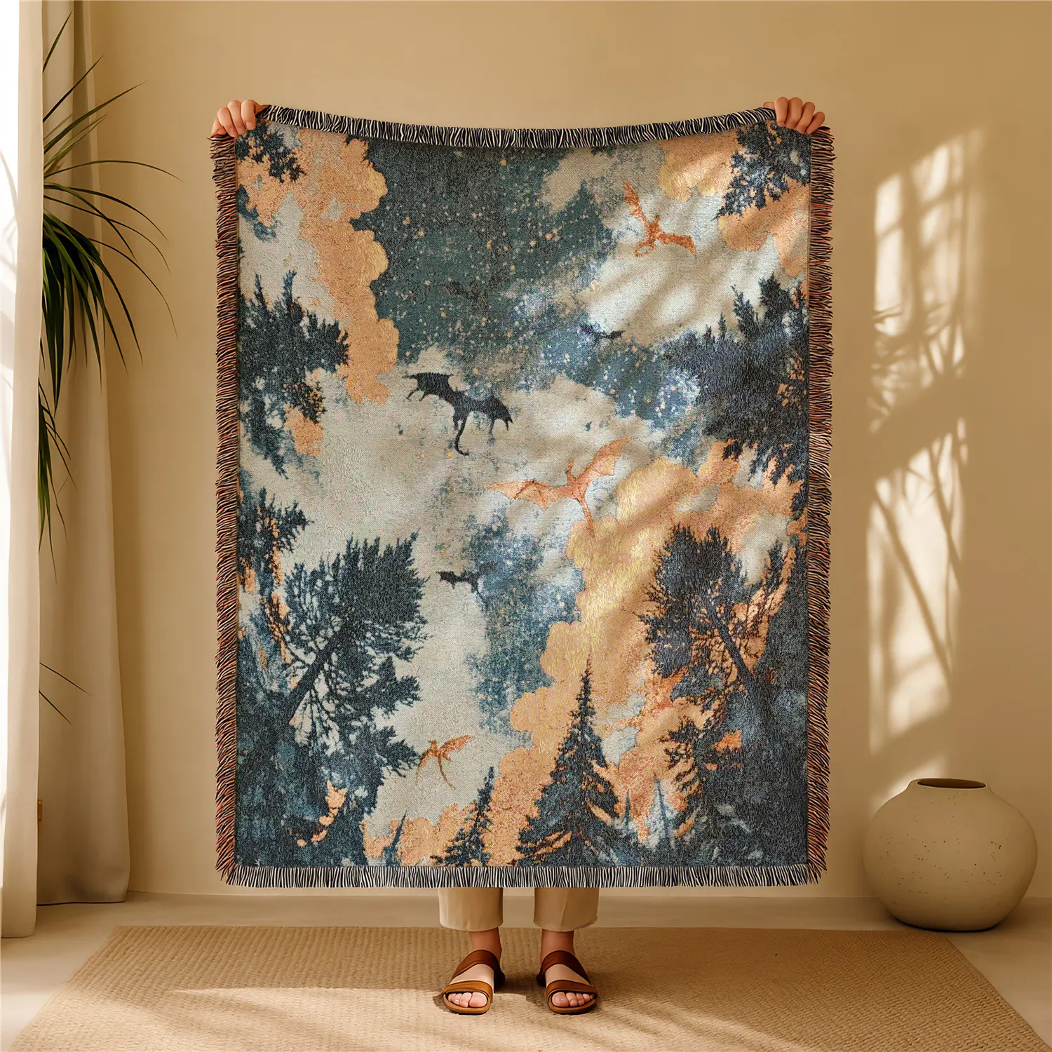 Flying Dragon Pattern Bohemian Yarn Jacquard Woven Blanket with Tassel, Boho Style Blanket, Blanket for Couch, Thick Soft Washable Blanket, Used for Home Decor, Sofa, Bed, Picnic, Outdoor Camping, Cozy Blanket