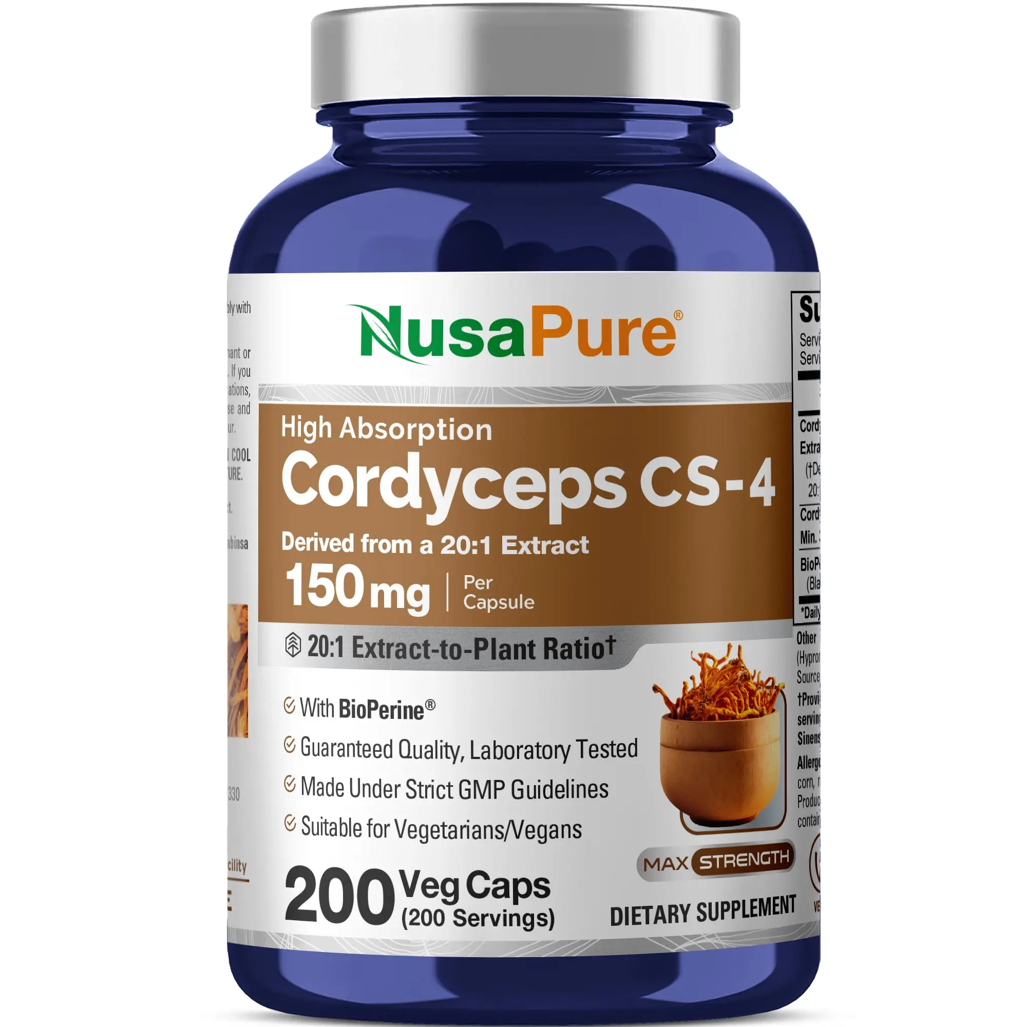 NusaPure Chinese Edible Cordyceps Sinensis CS-4 20:1 Extract Herbs Healthcare Dietary Supplement - 150mg, 200 Veggie Capsules, Non-GMO, Vegan, Bioperine, Natural Vitamins, Low Blood Sugar Note for Diabetics