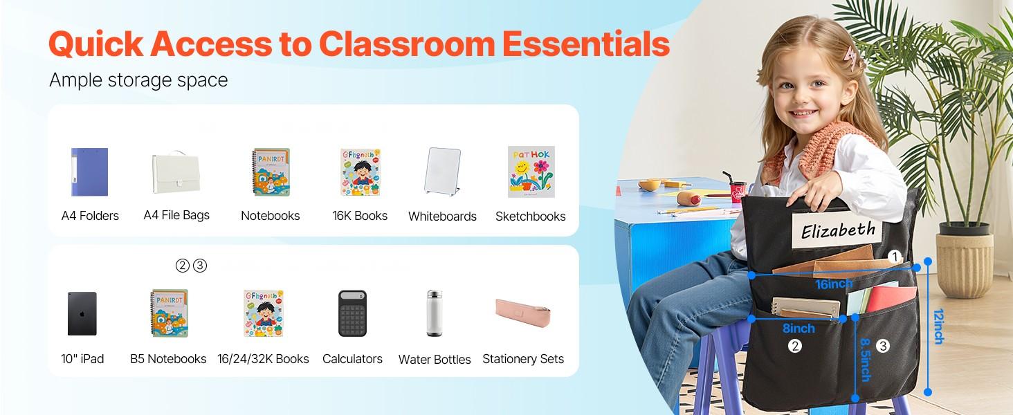 Chair Pockets For Classroom, 12 Pack Seat Pockets With Name Tag, Black Durable Nylon Fabric, Sturdy Chair Storage Organizer For Student Desks, Easy Labeling Of Names, Classroom Organization And School Supplies
