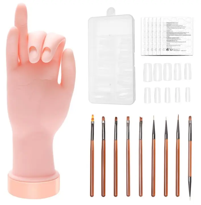 Practice Hand for Acrylic Nails Flexible Bending Nail Practice Hand Training Fake Hand Nail Hand Practice Tools with 100PCS Nail Tips, 120PCS Jelly Double Sided Nail Adhesives and 9PCS Brush