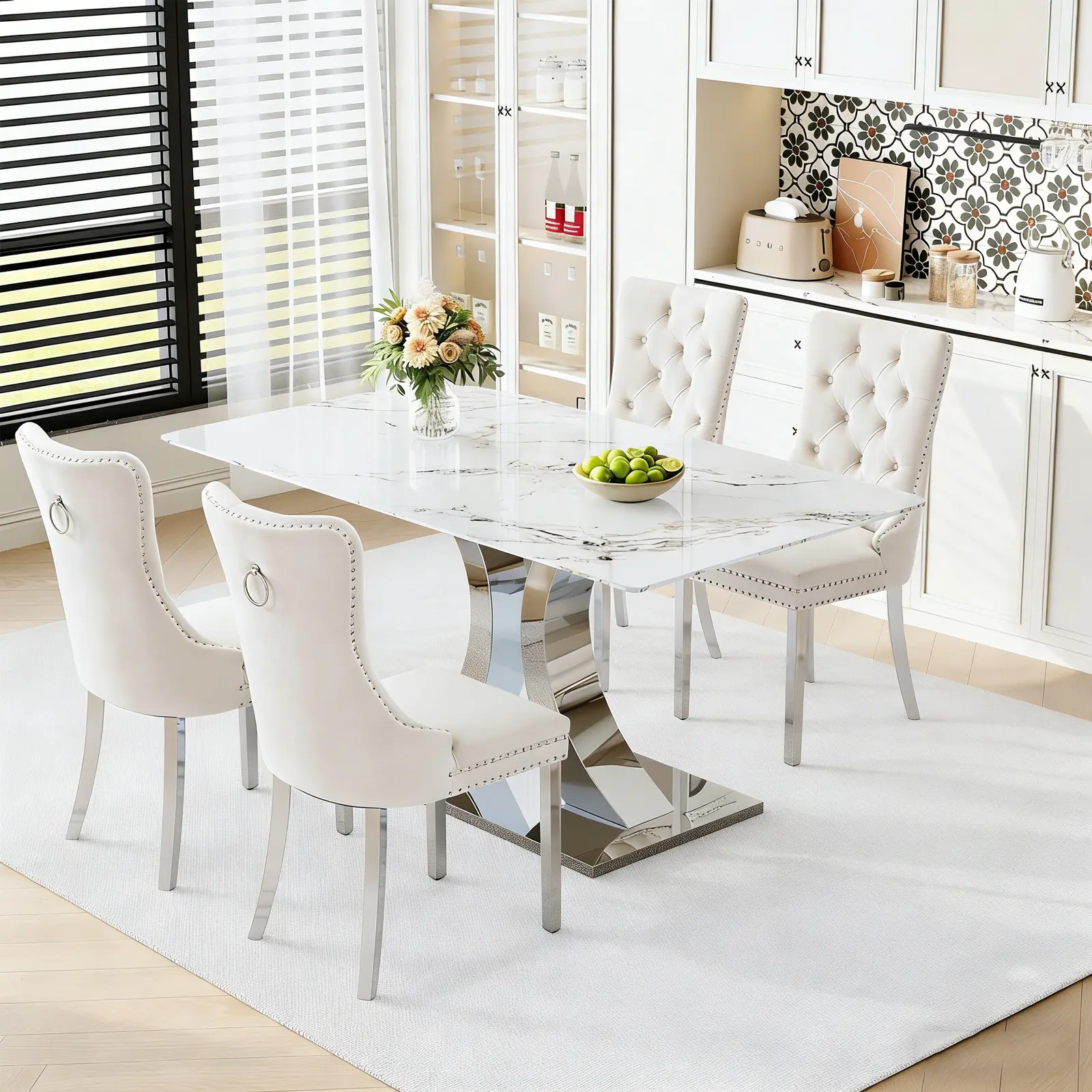 1 Table+4 Beige Silver Metal Chairs