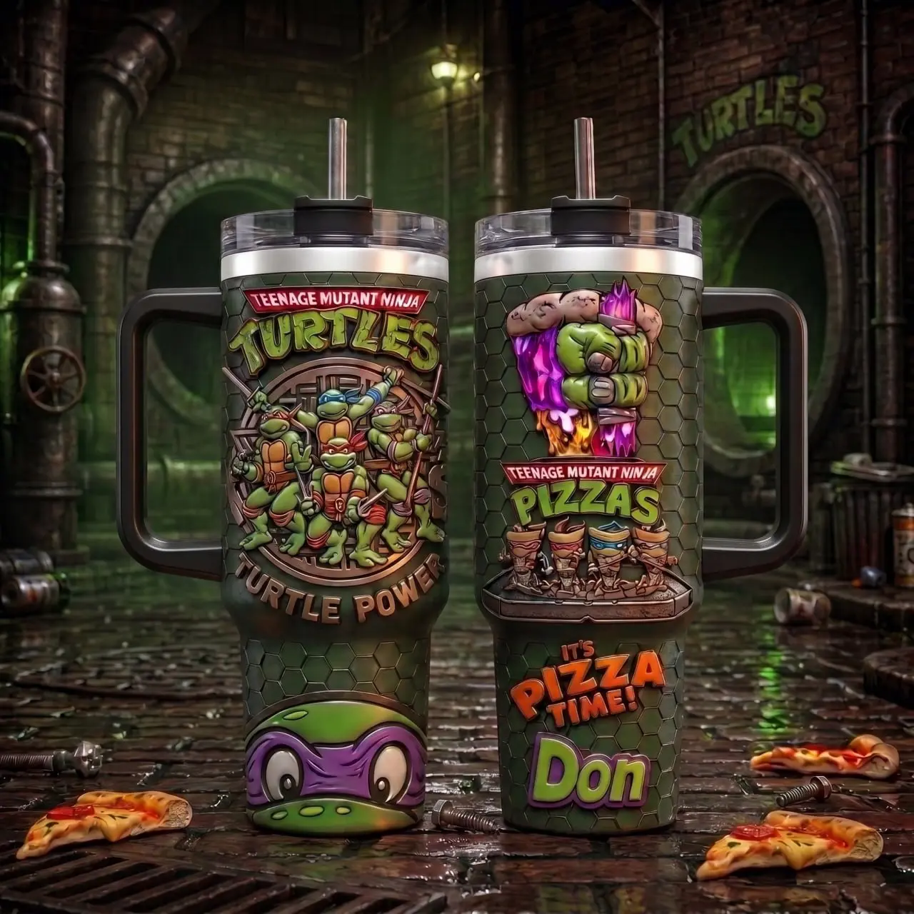 Teenage Mutant Ninja Turtles 40 oz Tumbler with Handle Straw, TMNT Turtle Power It's Pizza Time Don Stainless Steel Travel Mug, Donatello Mikey Raph Leo Insulated Water Coffee Cup, Sewer Pizza Party Fan Drinkware, Retro Cartoon Merch Gifts