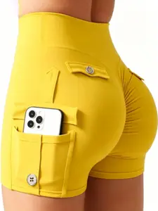 Women's High Waist Sporty Shorts with Large Pockets, Breathable Compression Bike Shorts, Yoga Gym Workout Pants, Ruched Sports Shorts, No Seams