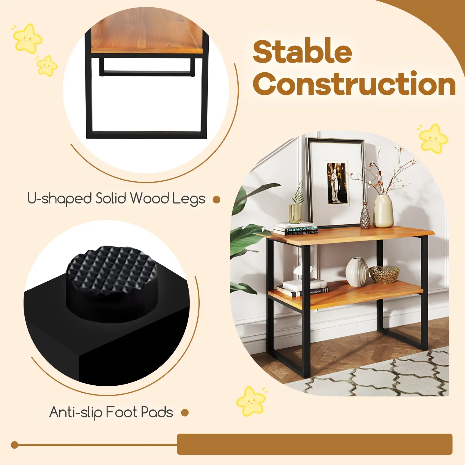 COSTWAY - 2-Tier Teak Wood End Table Sofa Side for Living Room Hallway Laundry
