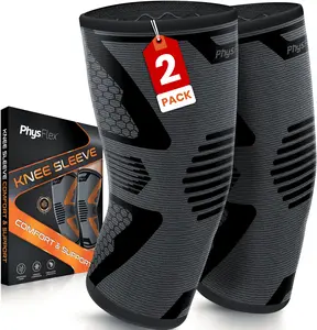 Physflex Knee Sleeve Comfort & Support 2 Pack for Pain Relief Meniscus Tear ACL Arthritis Gym Workout Volleyball