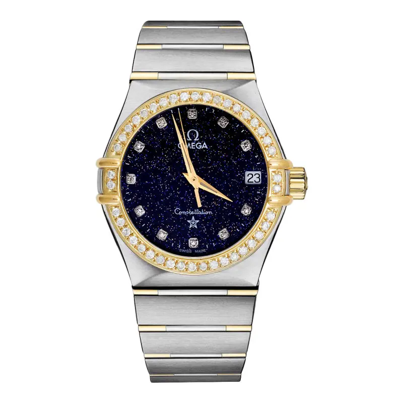 Omega Constellation 33mm Quartz Two-Tone 18K Yellow Gold and Stainless Steel Aftermarket Diamond Bezel and Aventurine Starry Dial Ladies / Midsize Watch WHP042263
