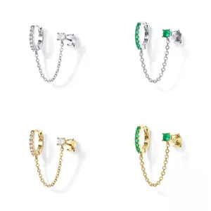 14K Gold Plated Chain Earrings for Women Double Piercing Dangle Chain Huggie Hoop Earrings with Cubic Zirconia,diamond dust grillz gold Single Stud Ear Cuff