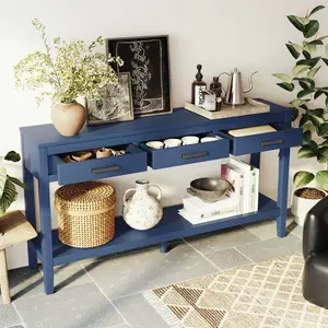 59.1'' Farmhouse Entryway Table with 3 Drawers, Painted Console Table with Bottom Shelf & Iron Handles, Minimalist Sofa Table for Living Room, Hallway, Kitchen, Bedroom, Office
