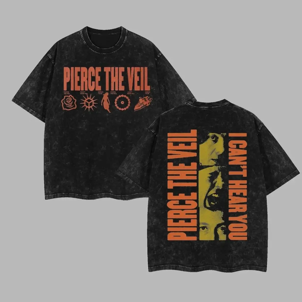 Pierce The Veil Band Era Symbols  Retro Unisex Acid Washed Hoodie T-Shirt, I Can't Hear You World Tour 2025 Shirt Hoodie, Classic Post Hardcore Hoodie Tshirt, Alternative Streetwear Essential for Rock Lovers CMT