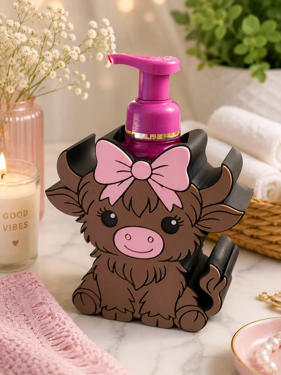 Highland Cow Soap Holder | Soap Dispenser Stand | Bathroom Organizer