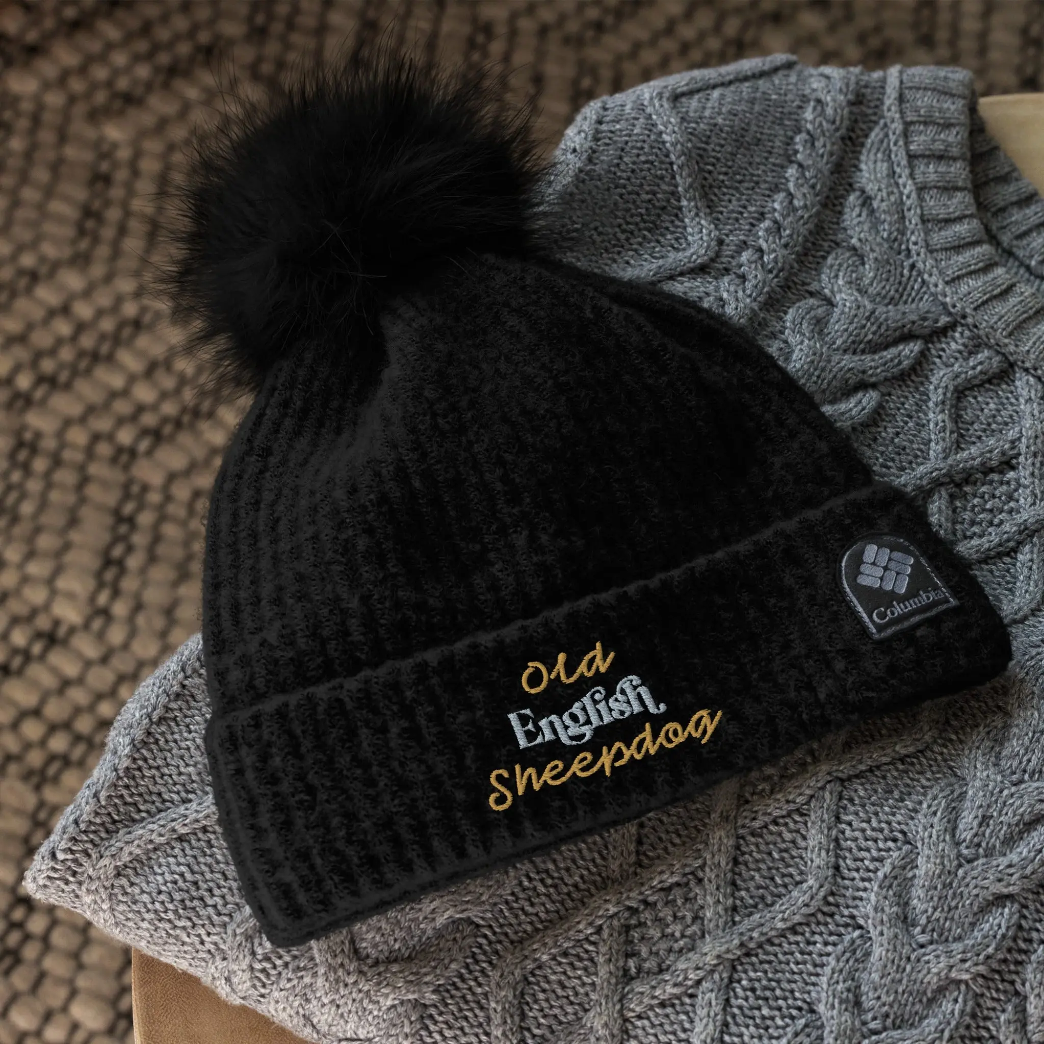 Old English Sheepdog Hat, Old English Sheepdog Beanie, Bronze and Gray, Embroidered Beanie