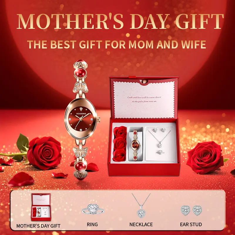 【Mother’s Day gift】Summervibes Elegant Jewelry Bracelet Watch Gift Set Comes in a rose or heart-shaped gift box, including a ring, necklace, and earrings — a stylish jewelry set designed for women The top choice for gifting to mom and wife