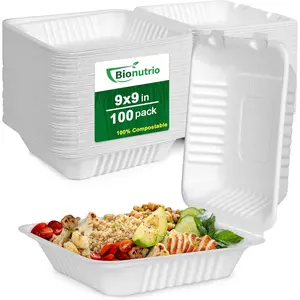 100 Pack Take Out Food Containers With Lids 9x9 Clamshell To Go Containers Eco-Friendly Biodegradable Carry Out Boxes Made From White Sugarcane Fibers