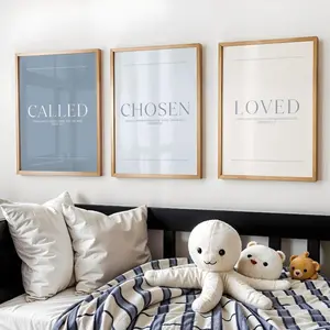 Called • Chosen • Loved | Christian Wall Art Set of 3 | Blue Neutral Bible Verse Poster Unframed  | Nursery Scripture Decor |